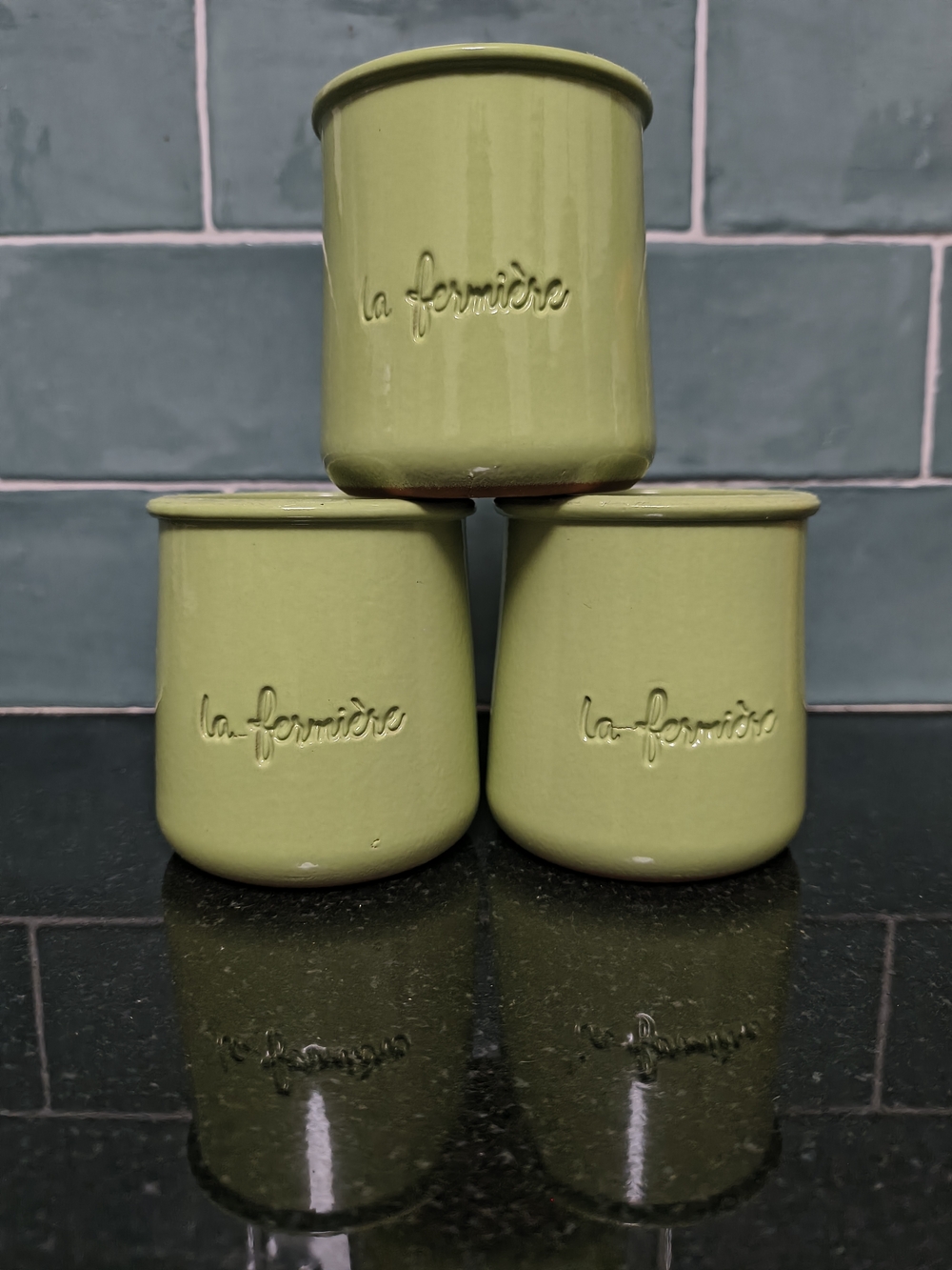 La Fermière Green Ceramic Yogurt Jars - Set of 3